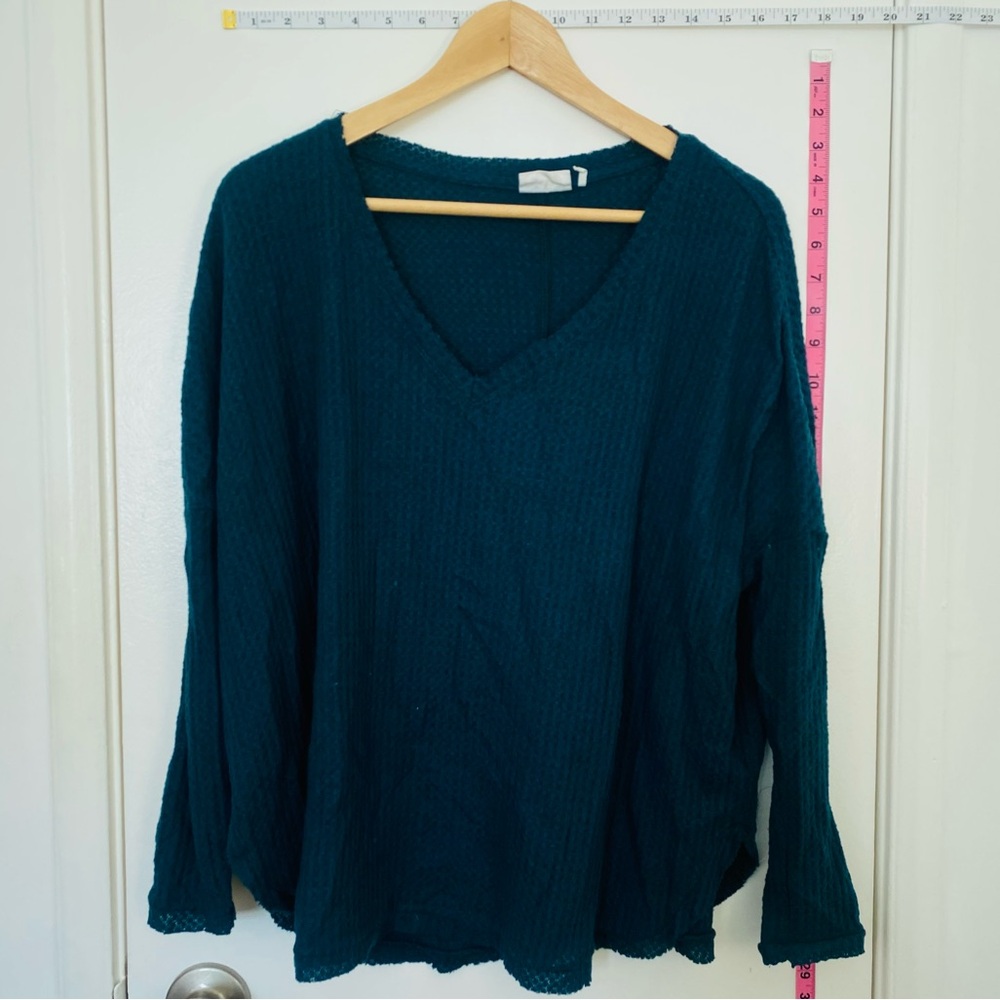 Urban Outfitters Deep Teal Blue V-Neck Waffle Thermal Long Sleeve Top